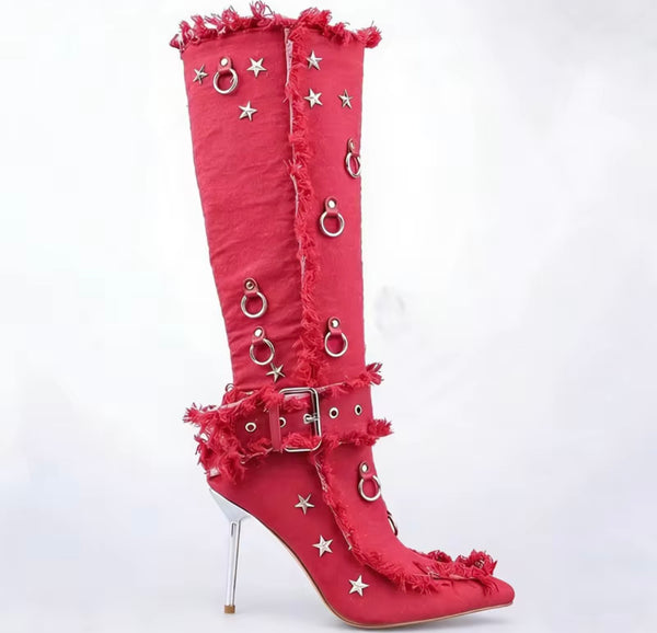 Women Fashion Rivet Fringe Buckle Denim Knee High Boots