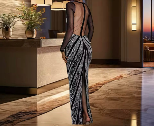 Women Sexy Bling Mesh Full Sleeve Maxi Dress