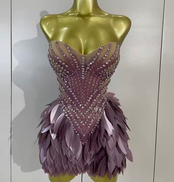 Women Purple Sexy Strapless Sequins Rhinestone Mesh Dress