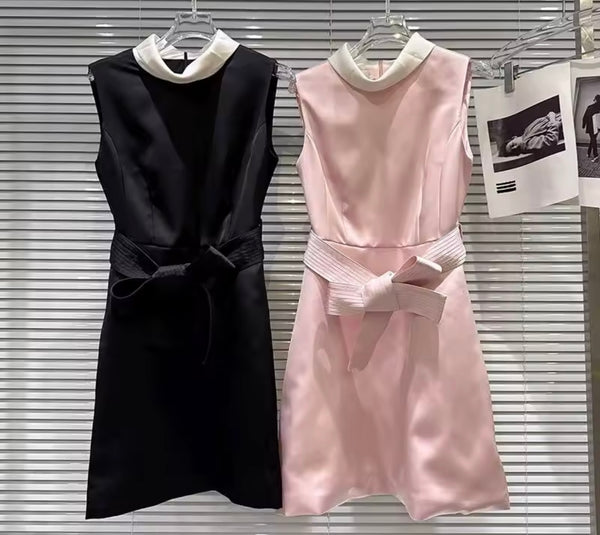 Women Collar Sleeveless Belted Fashion Dress