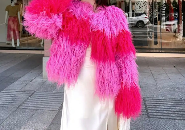 Women Fashion Pink Color Patchwork Faux Fur Jacket