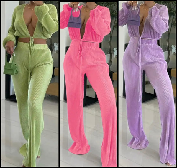 Women Sexy Solid Color Tie Up Full Sleeve Two Piece Pant Set