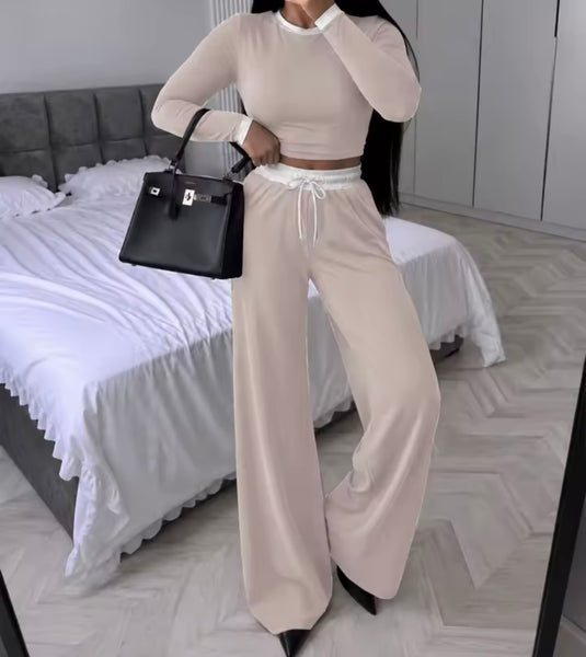 Women Fashion Color Patchwork Drawstring Two Piece Pant Set