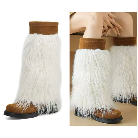 Women Fashion Color Patchwork Faux Fur Suede Knee High Boots