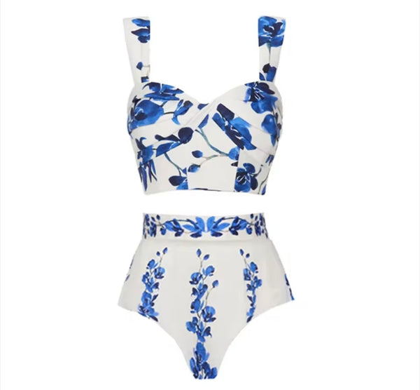 Women White Blue Floral Bikini/Swimsuit Cover Up Set