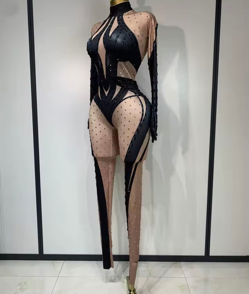 Women Rhinestone Color Patchwork Mesh Full Sleeve Jumpsuit