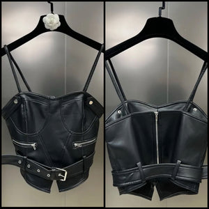 Women Black Sleeveless Faux Leather Buckled Crop Top