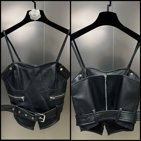 Women Black Sleeveless Faux Leather Buckled Crop Top