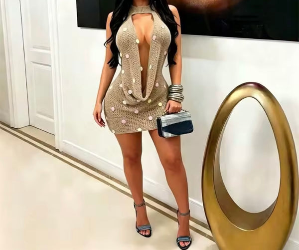 Sexy Knitted Draped Halter Open Back Sleeveless Dress