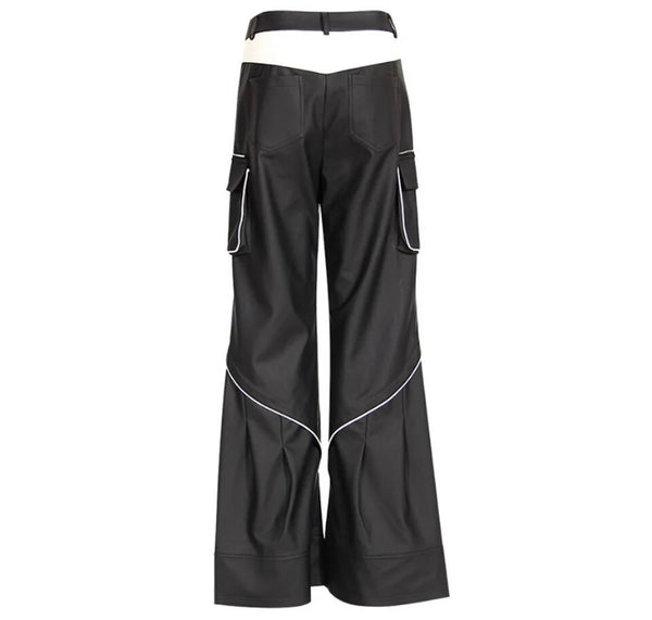 Women Fashion B&W Faux Leather Cargo Pants