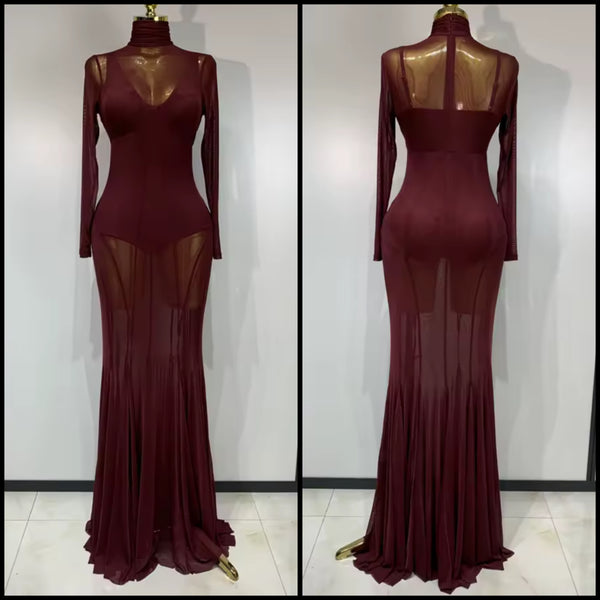 Women Sexy Burgundy Bodysuit Full Sleeve Mesh Maxi Dress