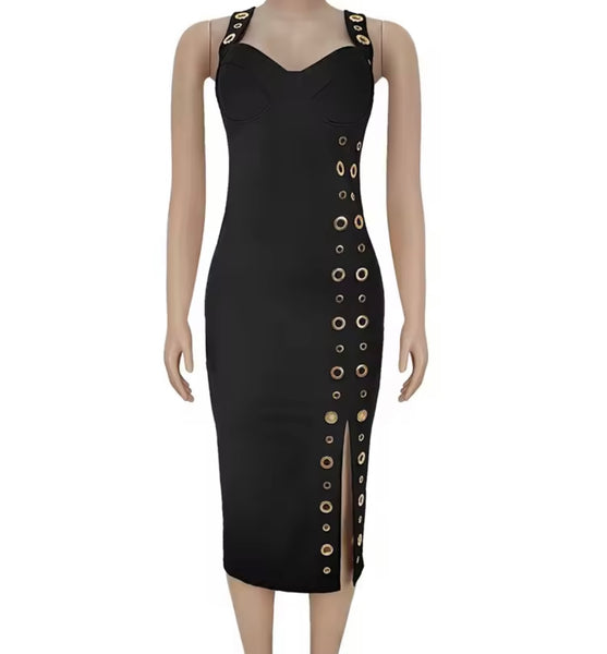 Women Sexy Black Sleeveless Gold Metal Side Split Dress
