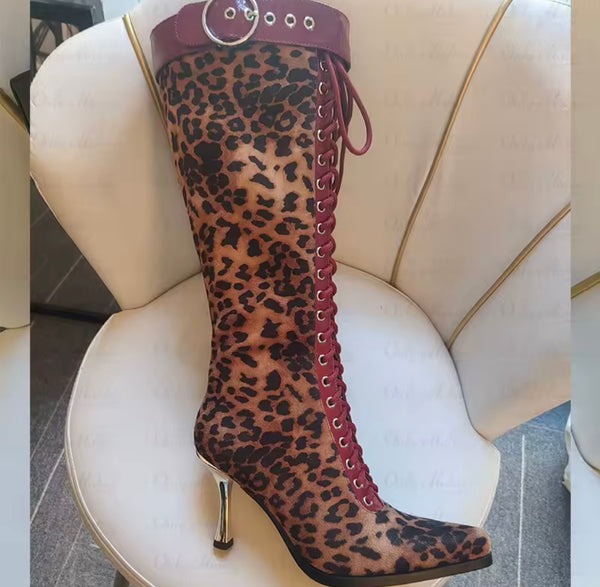 Women Fashion Leopard Suede PU Buckled Knee High Boots