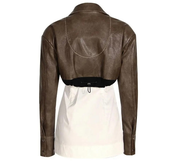 Women Fashion Button Up Faux Leather Patchwork Jacket