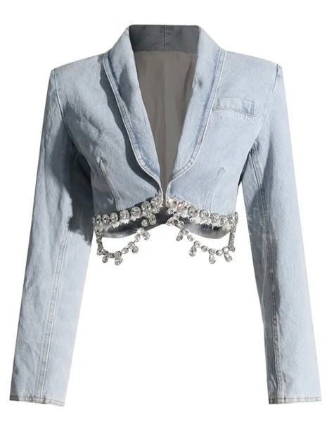 Women Full Sleeve Denim Rhinestone Blazer Two Piece Skirt Set