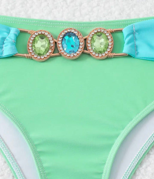 Women Sexy Color Patchwork Halter Crystal Bikini Swimsuit