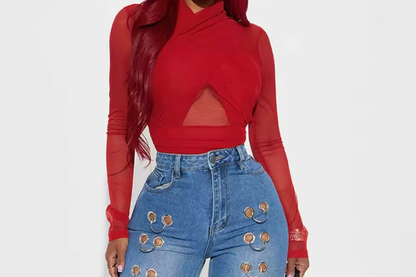 Women Sexy Fashion Criss Cross Mesh Full Sleeve Bodysuit Top