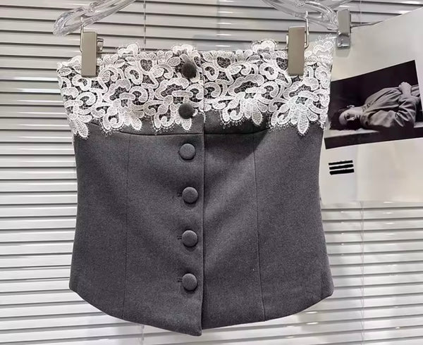 Women Strapless Button Up Lace Patchwork Two Piece Skirt Set