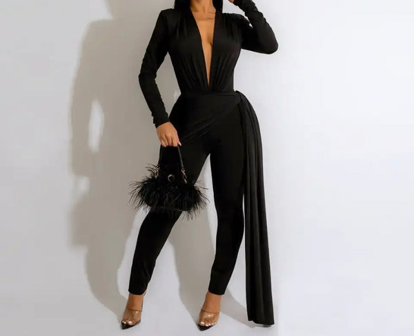 Women Sexy Deep V-Neck Full Sleeve Asymmetrical Jumpsuit