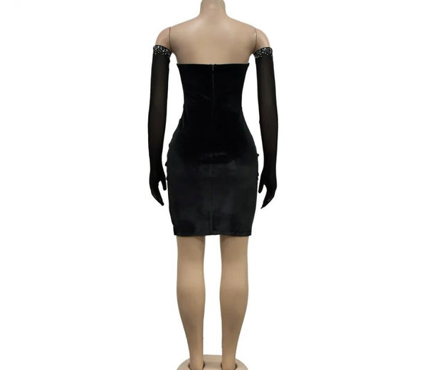 Women Sexy Strapless Bling Mesh Patchwork Glove Velour Dress