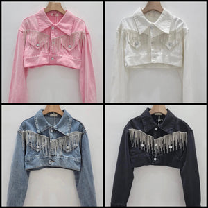 Women Fashion Tassel Denim Crop Jacket