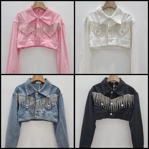 Women Fashion Tassel Denim Crop Jacket