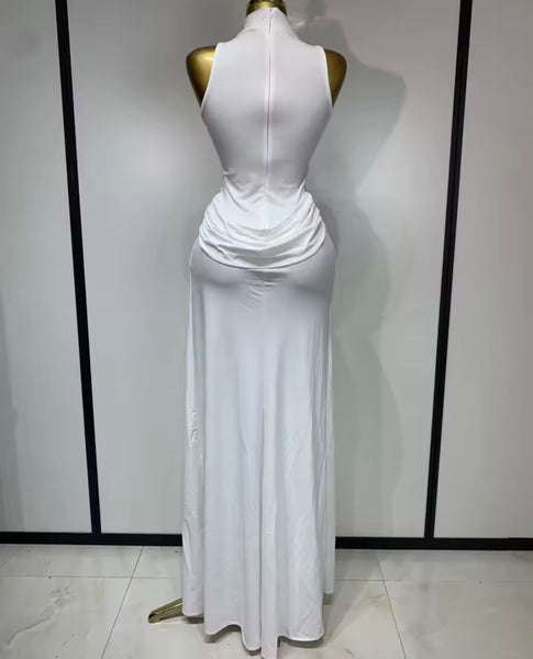 Women Sexy Sleeveless Solid Color Ruched Side Split Maxi Dress