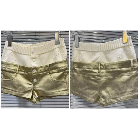 Women Fashion Gold Metallic Knitted Patchwork PU Button Up Shorts