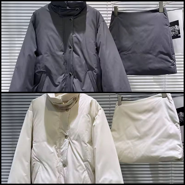 Women Fashion Puff Button Up Jacket Two Piece Skirt Set