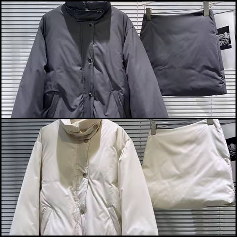 Women Fashion Puff Button Up Jacket Two Piece Skirt Set