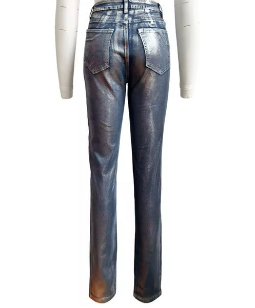 Women Fashion Metallic Denim Pants