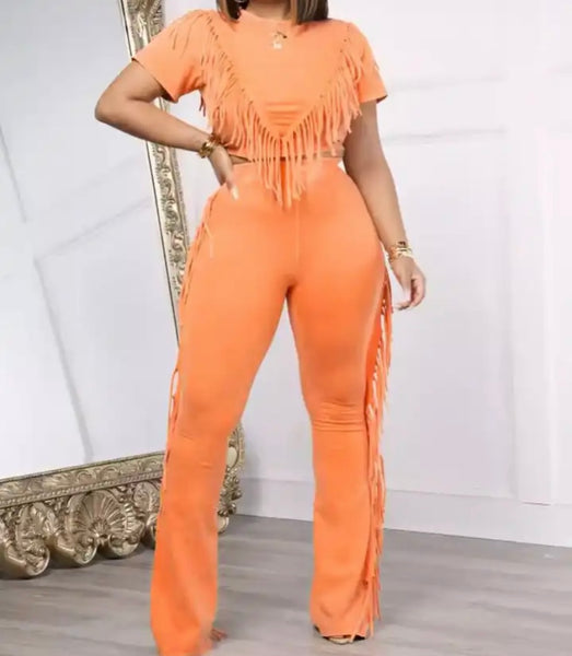 Women Fashion Fringe Short Sleeve Two Piece Pant Set