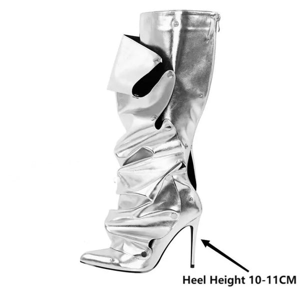 Women Fashion Button Ruched Knee High Boots