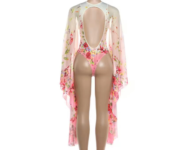 Women Sexy Fashion Floral Print Cut Out Batwing Bodysuit Top