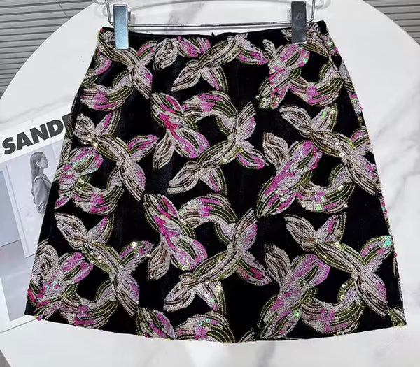 Women Sexy Fashion Floral Print Sequins Skirt