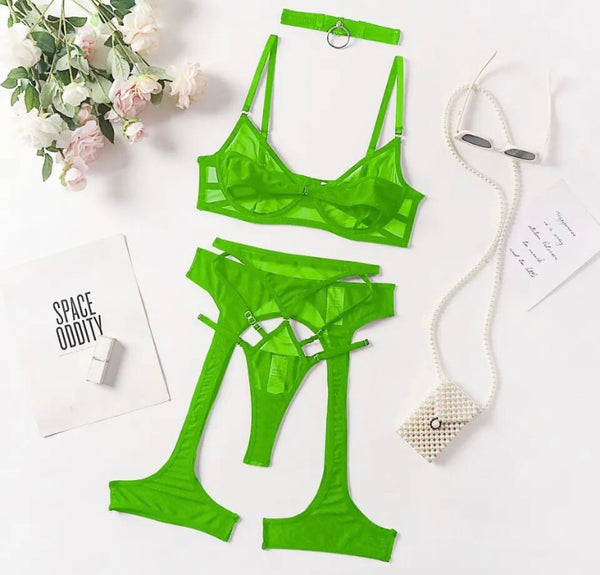 Women Sexy Green Mesh Choker Lingerie Set