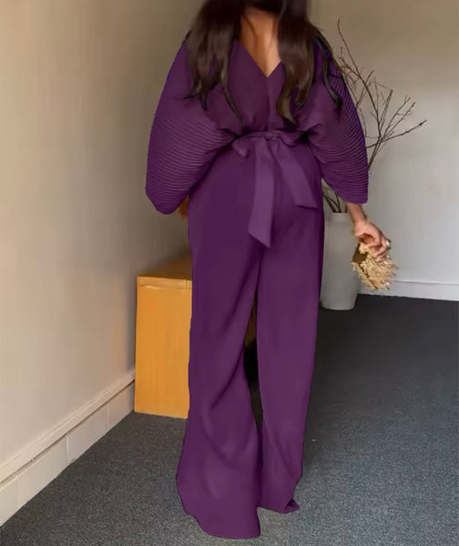 Women Solid Color Pleated Two Piece Fashion Pant Set