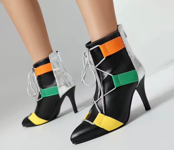 Women Fashion Color Striped Lace Up Ankle Boots