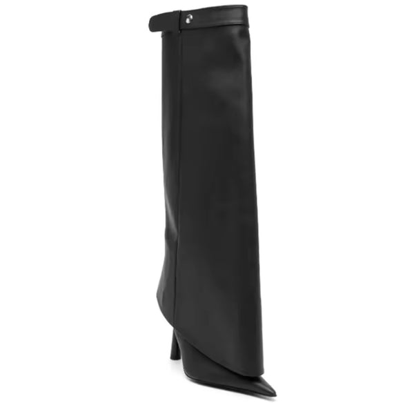Women Black Pointed Toe Buckled Faux Leather Knee High Boots