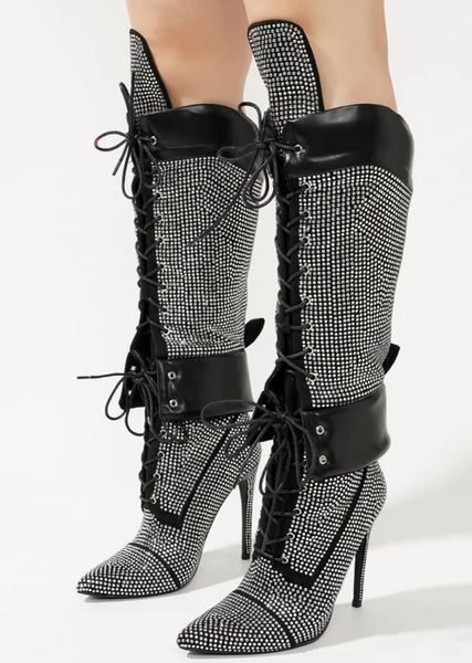 Women Fashion Bling Lace Up Knee High Boots
