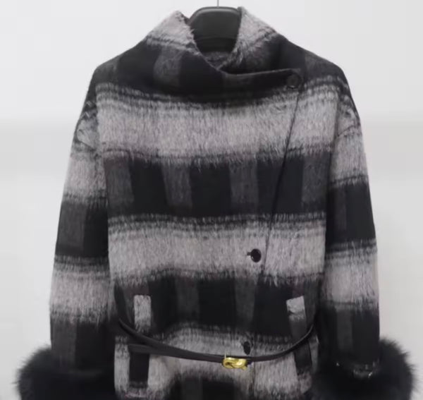 Women Fashion Fur Patchwork Plaid Trench Jacket