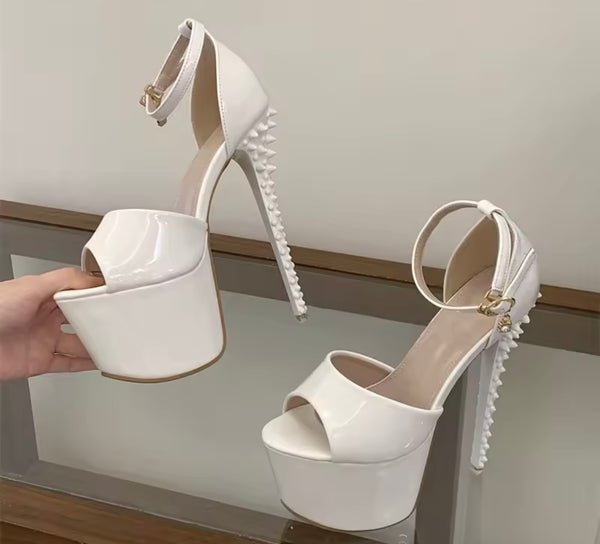 Women Fashion Open Toe Patent Leather Platform Rivet High Heels