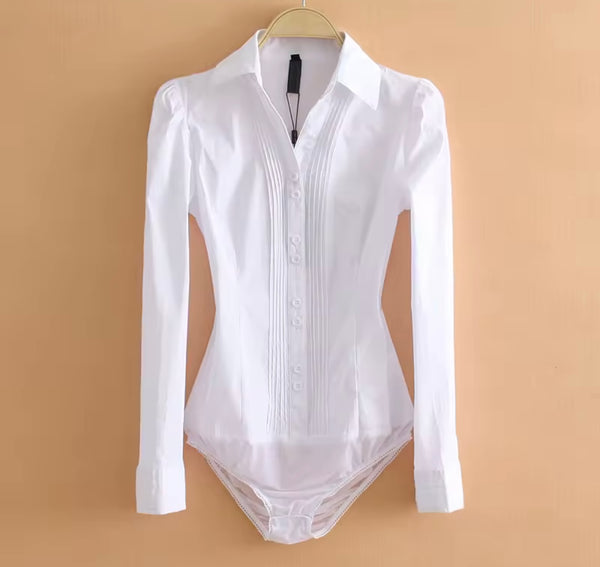 Women Fashion Button Up Full Sleeve Collar Bodysuit Top