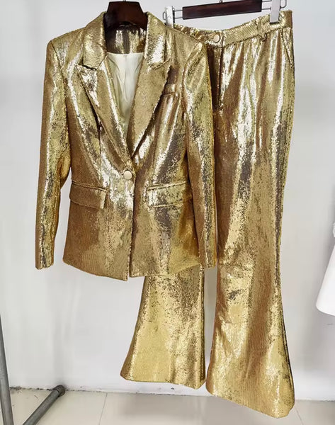 Women Fashion Gold Sequins Blazer Two Piece Pant Set