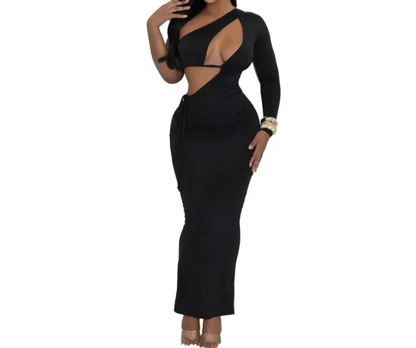 Women Sexy Solid Color One Shoulder Full Sleeve Maxi Dress