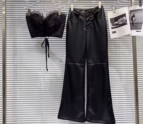 Women Sexy Lace Strapless Corset Two Piece Faux Leather Pant Set