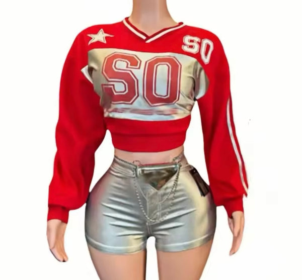 Women Fashion Letter Full Sleeve Two Piece PU Short Set