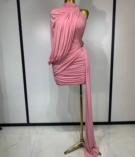 Women Sexy Pink Sleeveless Draped Dress