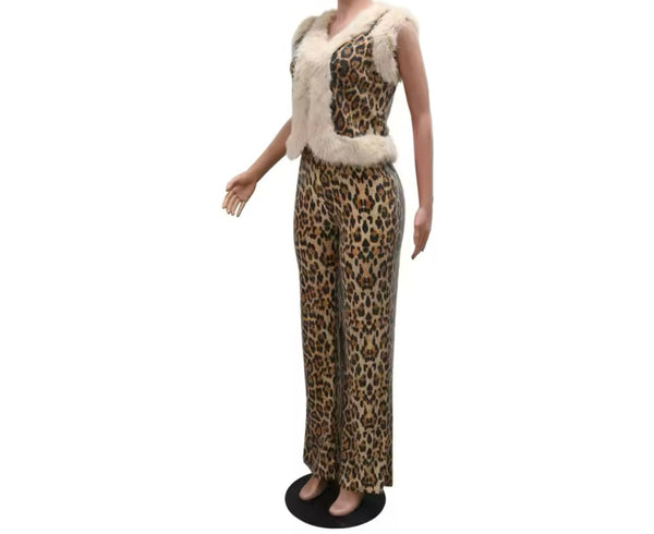 Women Fashion Leopard Faux Fur Sleeveless Sequins Two Piece Pant Set