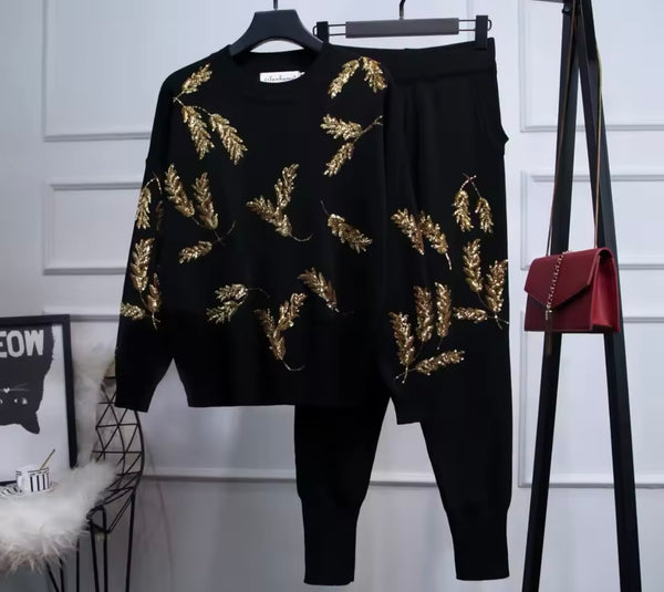 Women Fashion Full Sleeve Sequins Patchwork Tracksuit Two Piece Pant Set